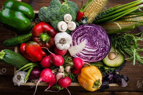 Preview: Vegetable set on wooden board closeup, top view