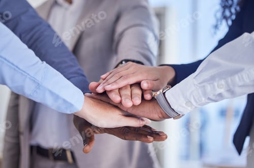 Preview: Business people, hands stack and team building motivation for goals, dream or mission in finance co