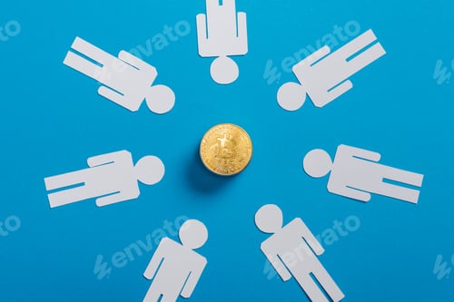 Preview: top view of white paper cut people in circle near golden bitcoin on blue