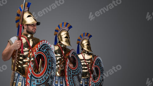 Preview: Ancient greek warriors standing in formation isolated on grey
