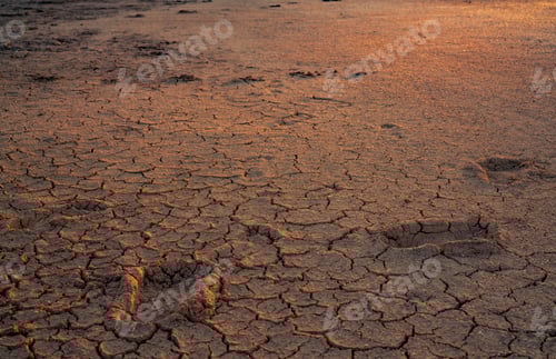 Preview: Cracked Earth Landscape with Footprints at Sunset