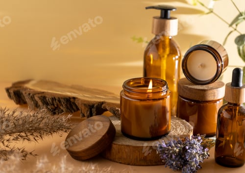 Preview: Soy candles in a glass jar. Aromatherapy. Burning candle and lavender.