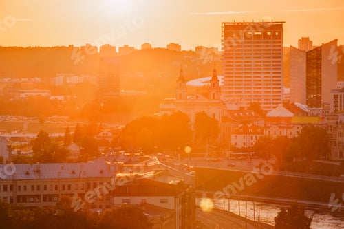 Preview: Vilnius, Lithuania. Sunset Sunrise Dawn Over Cityscape. Church O