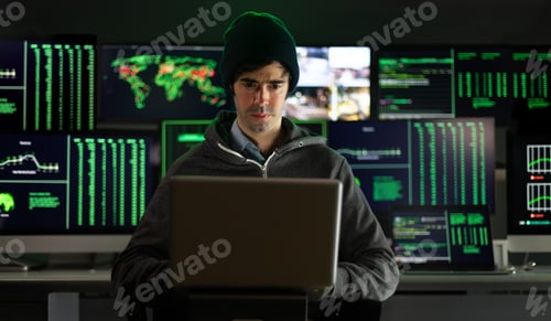 Preview: Hacker using laptop breaks into government data servers infects system with virus.