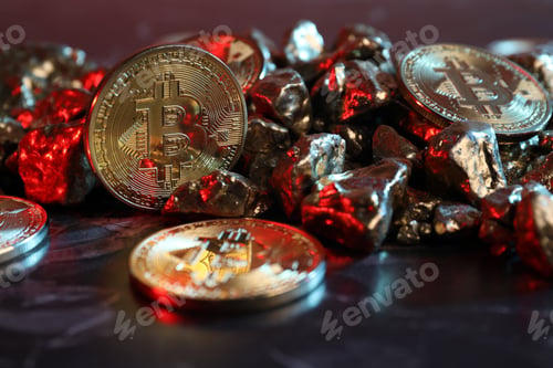 Preview: Bitcoins and gold nuggets on table in red light, closeup