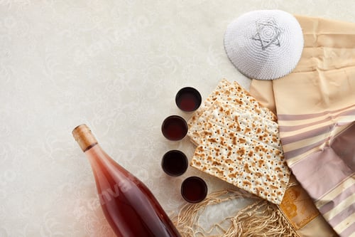 Preview: Jewish Passover holiday. Matzah and red kosher.