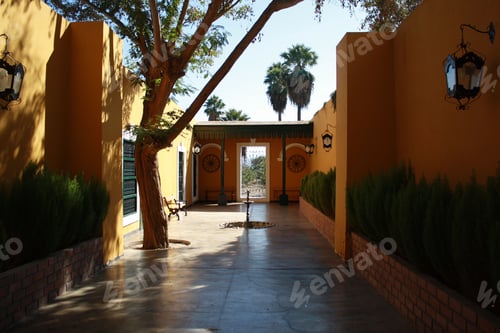 Preview: Orange colored building walls adorned with green shrubs. Peru.