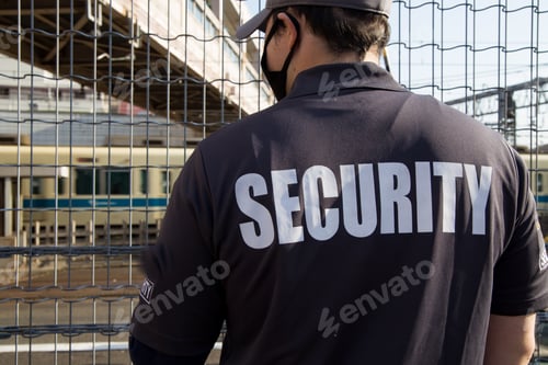 Preview: Back view of a security guard in uniform patrolling a residential area