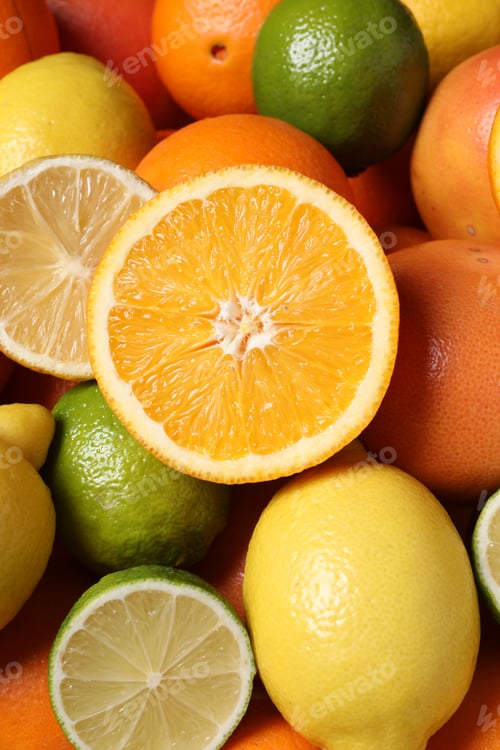 Preview: Different fresh citrus fruits as background, closeup