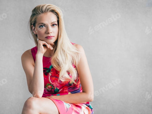 Preview: Nice woman in red dress blonde short hair. Fashion female portrait cute nice girl. Studio shot.