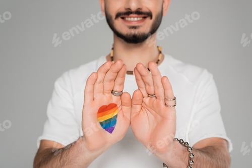 Preview: Cropped view of cheerful gay man with lgbt flag on hand isolated on grey, International day against
