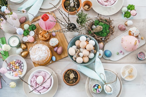 Preview: Table decoration for Easter celebration in kitchen.Tablescape for Easter holiday at home.Family reli