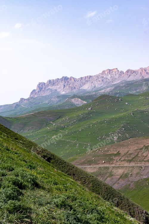 Preview: Summer landscape: mountains in Ossetia and green meadows