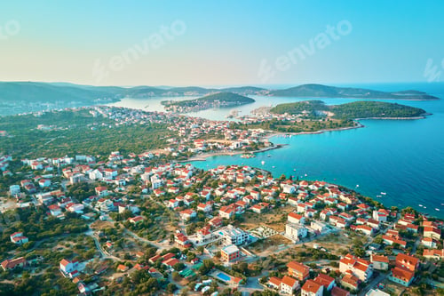 Preview: Aerial view of Rogoznica, Croatia. Islands in Adriatic sea and coastal town