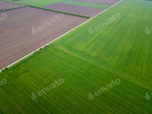 Preview: Aerial view of vast agricultural fields with lush green crops and brown plowed soil.