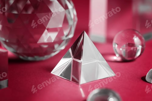 Preview: Color of the year 2023 Viva magenta. Crystal prism refracting light, magic crystals and pyramid