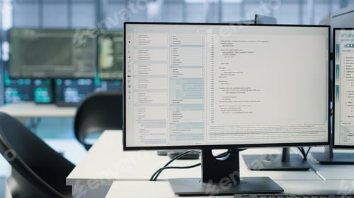 Preview: Close up of PC monitors on desk used for monitoring data center devices energy