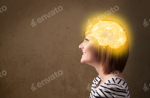 Preview: Young Girl Thinking With Glowing Brain Illustration On Grungy Background