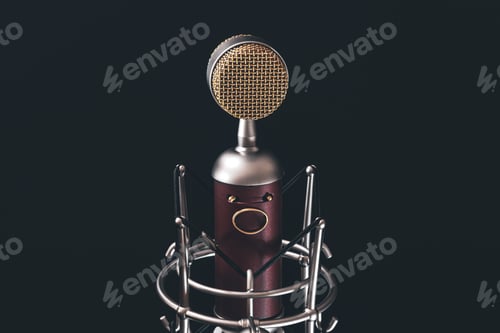 Preview: Close up of vintage microphone on a black background.