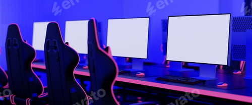 Preview: Modern internet cafe interior with blank computer monitor mockup on the table with RGB lights