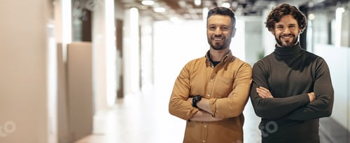 Preview: Smiling confident strong european young people engineers businessman with crossed arms on chest