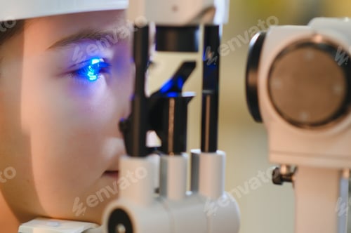 Preview: Ophthalmologist checking child's vision with modern equipment in clinic