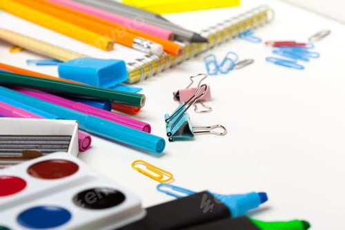 Preview: good preparation for school subjects. School accessories of color plasticine, multi-colored pencils