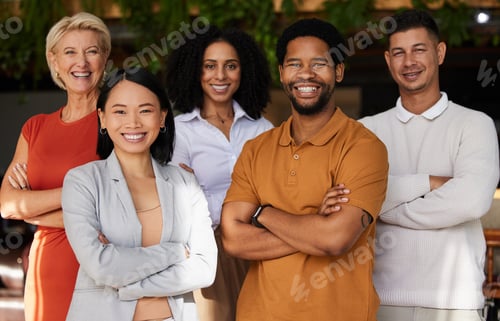 Preview: Smile, portrait and group of business people with arms crossed for office career. Teamwork diversit