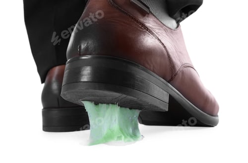 Preview: Man stepping into chewing gum on white background, closeup