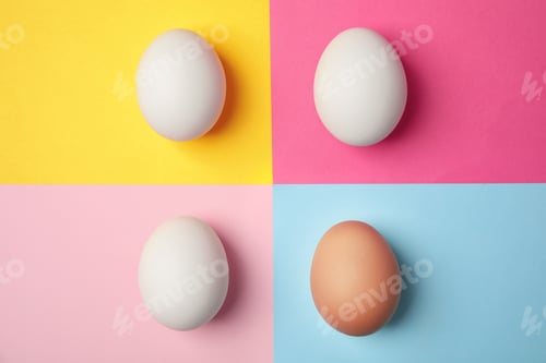 Preview: Raw chicken eggs on color background, top view