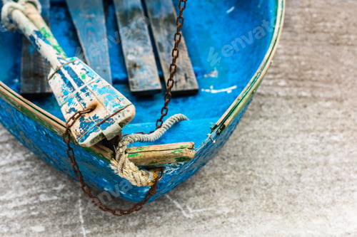 Preview: Old blue wooden shabby fishing boat detail