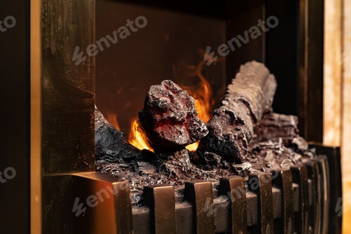 Preview: Wood logs burning in fireplace close up