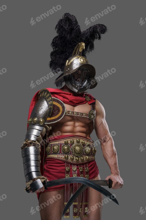 Preview: Muscular colosseum fighter with naked torso and red cape