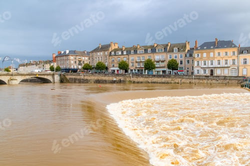 Preview: Laval, french city, panorama of the river and typical houses