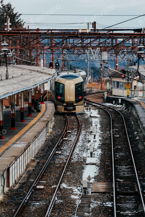 Preview: Vertical shot of Japanese bullet train entering train station in Nikko Japan.