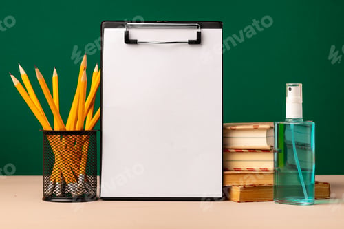 Preview: School stationery and hand sanitizer. Back to school concept while coronavirus pandemic