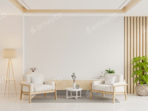 Preview: Modern minimal interior with two armchair on empty white color wall background
