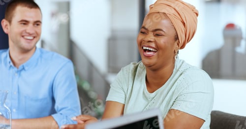 Preview: Office meeting, business woman and corporate report of a company employee happy with client. Innova