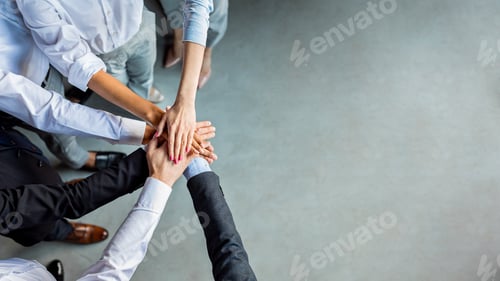 Preview: Unrecognizable Business People Holding Hands Standing In Modern Office, Above-View