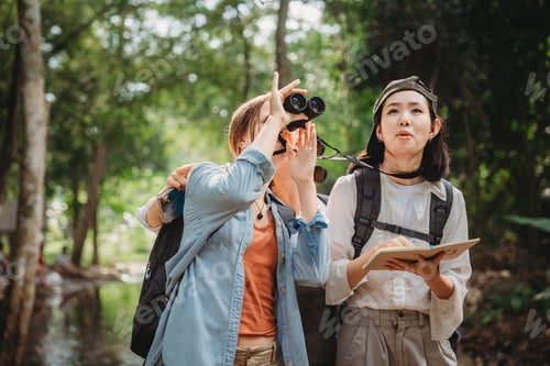 Preview: woman family or friends group trekking travel in adventure lifestyle, nature hiking in vacation