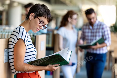 Preview: Happy group of students studying and working together in a college library