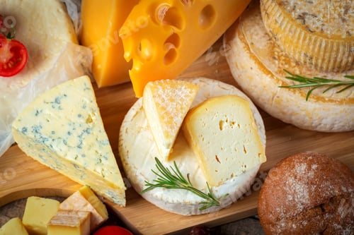 Preview: Selection of different cheeses and bread loaf sitting on a wooden board