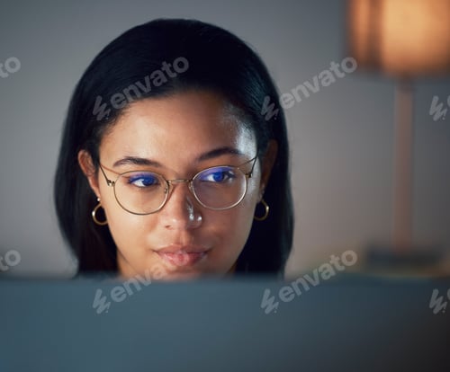 Preview: Glasses, focus and woman journalist writing on a computer, online and social media news update or a