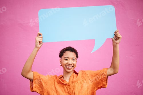 Preview: Woman, speech bubble and quote on social media, mockup or opinion, review and space for feedback or