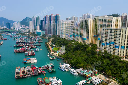Preview: Aberdeen, Hong Kong 12 May 2019: Aerial view of Hong Kong fishing harbor port in Aberdeen