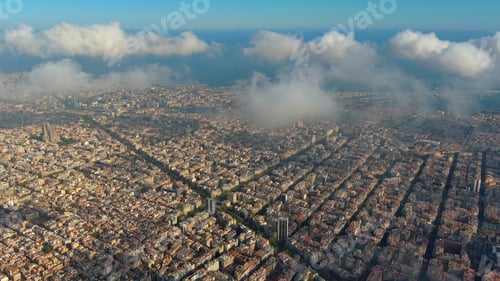 Preview: Barcelona City above the clouds and fog, Eixample residential famous urban grid