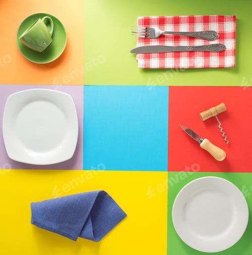 Preview: kitchenware at colorful background