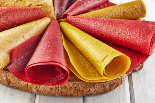 Preview: Sweet pure fruit pastille in rolls. Healthy sweets - lozenges, fruit chips.