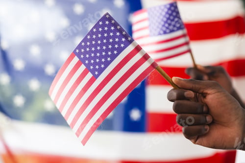 Preview: African American hand holding an American flag with another flag in the background