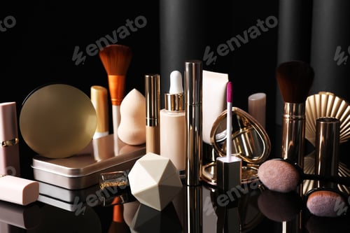 Preview: Composition with makeup products on table against black background